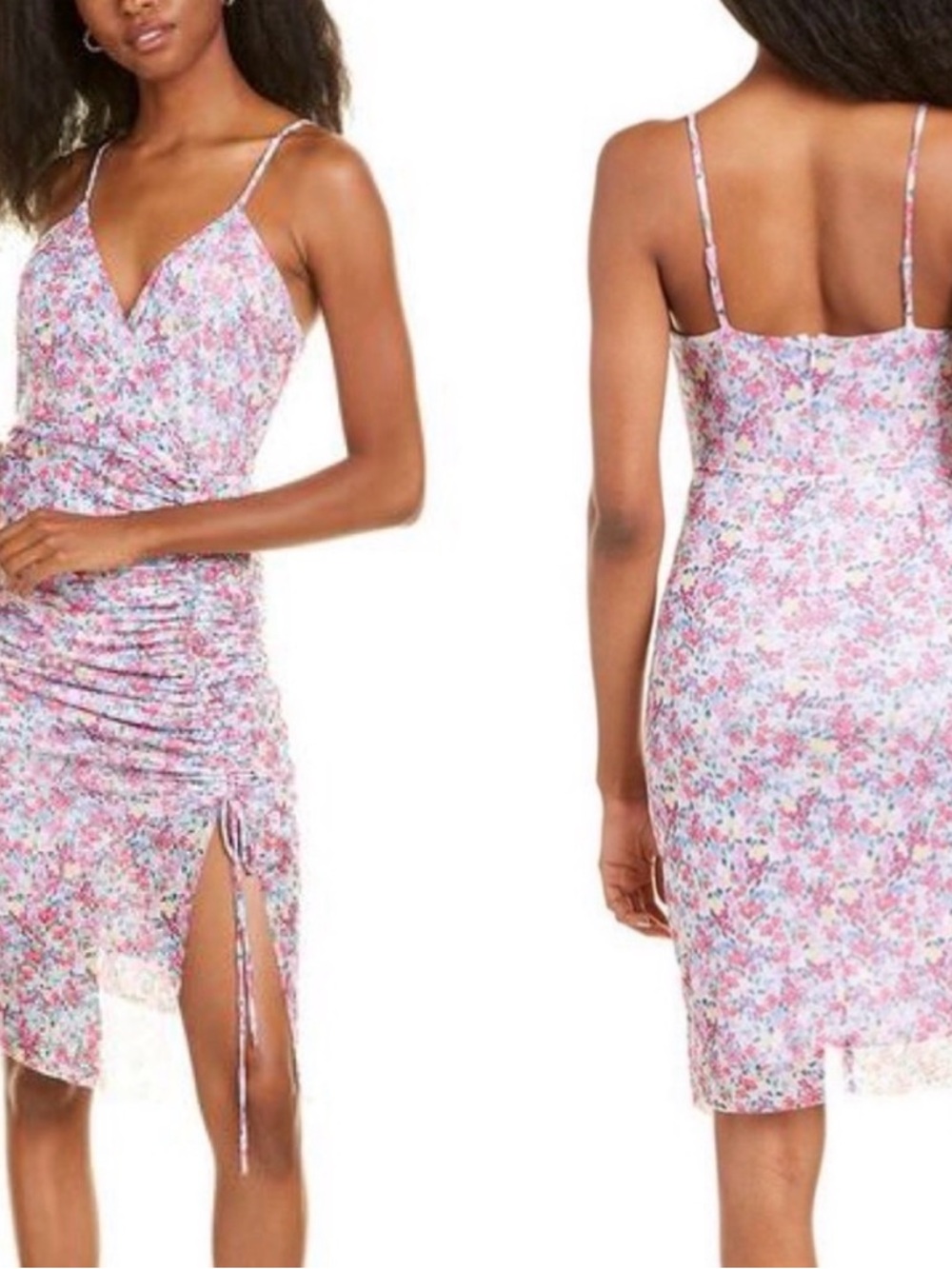 BCBGeneration Pink Floral Ruched Slip Midi Dress with Side Slit